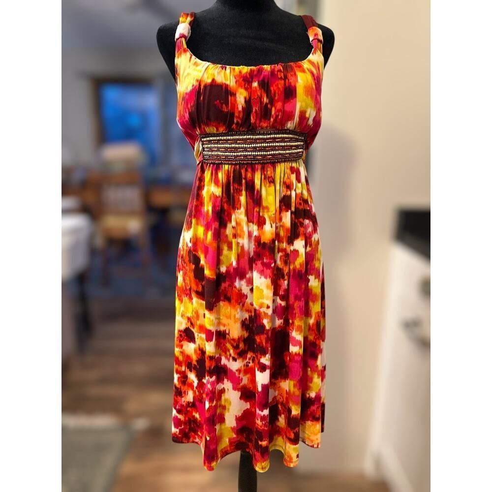 Bisou Bisou Dress Women Size 14 Sleeveless Bead Embroidered Tie Belt Colorful